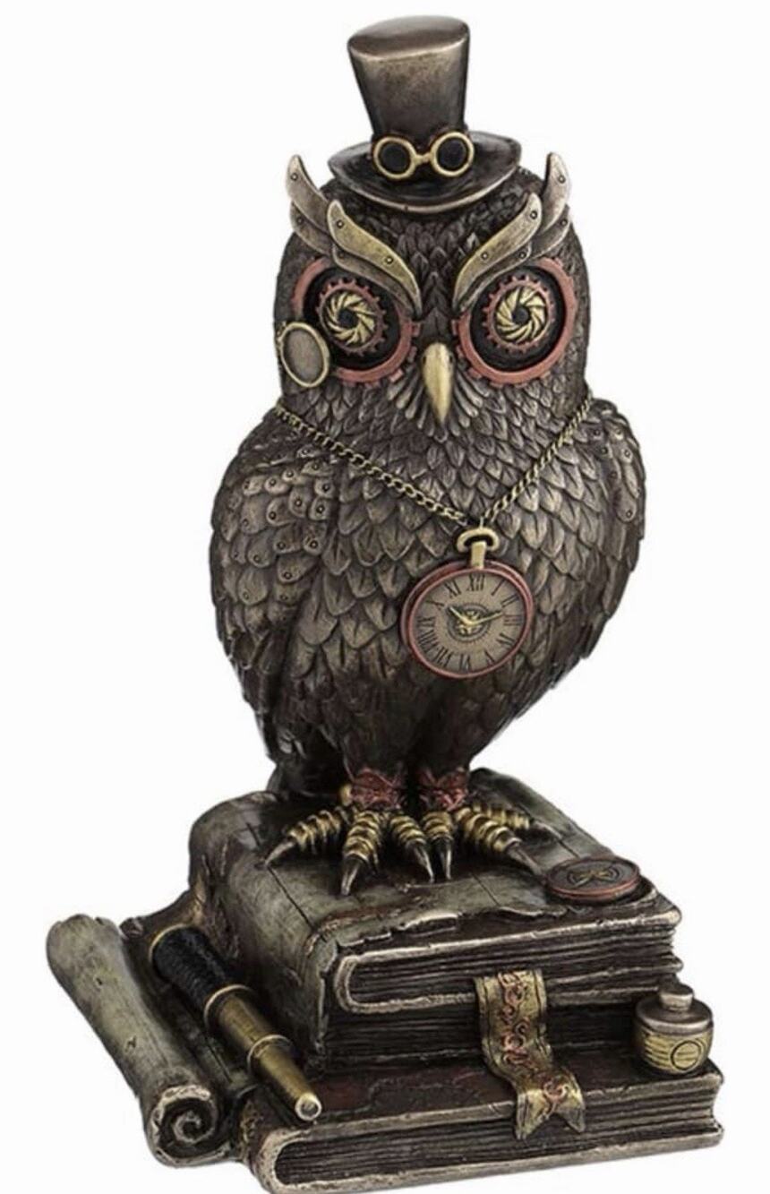 Steampunk Owl With Top Hat Standing On Top Of Books Home Decorative Collectible